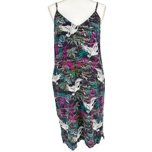 Komodo Organic Linen Sundress Crane Palm Print Womens M Washed Black Resort